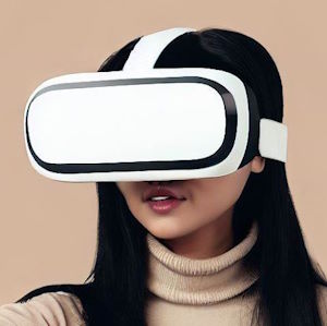 Een traditionele Virtual Reality headset, met gesloten voorkant die je helemaal afsluit van je omgeving. Bron: Bing Image Creator